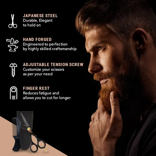 Miniatura 2 de Ontaki Tijeras para barba y bigote para hombre, acero japonés de 5.5 pulgadas, color negro, cuchillas afiladas de precisión, reposapiés ergonómico