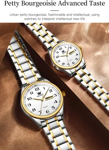 Miniatura 45 de OLEVS Juego de 2 relojes de cuarzo para parejas de San Valentín, calendario luminoso, ventana de fecha, 3 ATM, impermeable, casual, acero