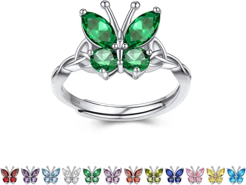 Bestyle Anillo de collar de mariposa con piedra natal plateada para mujeres, delicado y lindo regalo de joyería de mariposa para mujeres en