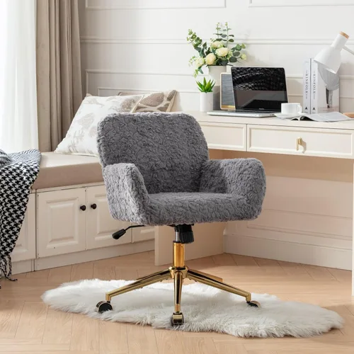 Miniatura 19 de Henf Silla de escritorio tapizada en piel sintética negra para maquillaje con base dorada, silla giratoria de oficina, silla de computadora
