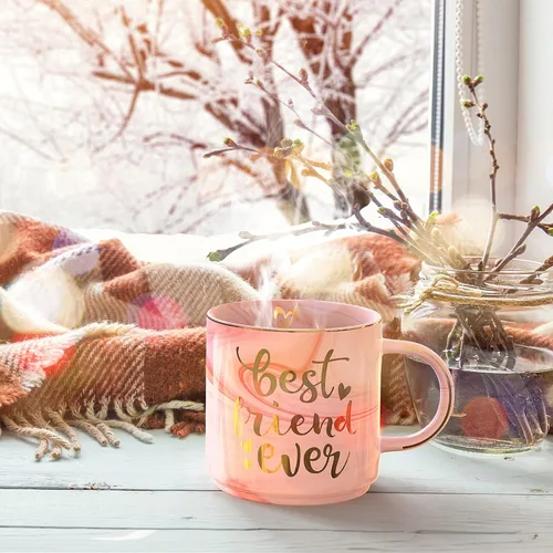 Miniatura 8 de Regalos para mejores amigas para mujeres, taza de café de mármol de cerámica rosa de 11.5 onzas con llavero - BFF Friend Ever - Regalos divertidos