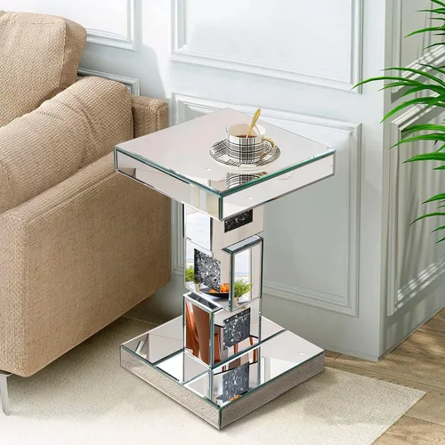 Miniatura 4 de Mesa auxiliar plateada con incrustaciones de cristal, mesa auxiliar moderna, mesa auxiliar cuadrada pequeña para sala de estar, dormitorio