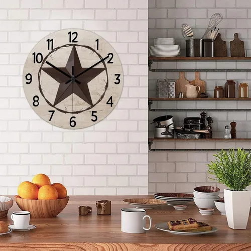 Miniatura 4 de Reloj de pared rústico de estilo retro clásico con estrella de Texas occidental, reloj de madera, silencioso, sin tictac, funciona