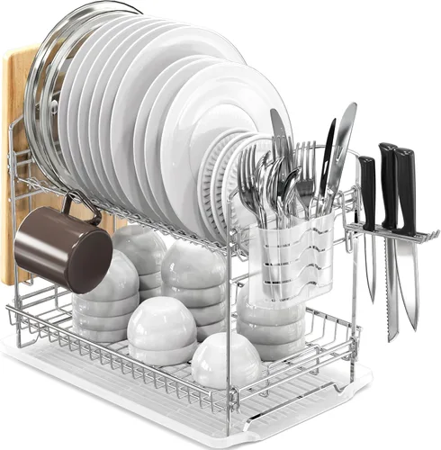 Miniatura 8 de Simple Houseware Secador de platos de 2 niveles con escurridor, plateado Plata