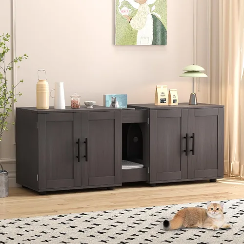 Miniatura 10 de GAOMON Caja de arena con doble jaula, casa para gatos, caja de arena oculta para 2 gatos, muebles de madera cerrada para gatos, 55 pulgadas de largo