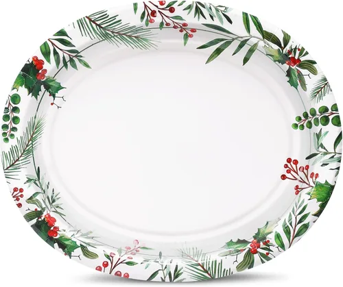 Miniatura 2 de 50 platos ovalados de Navidad, platos de papel resistentes de 12 x 10 pulgadas con hojas de acebo, bayas rojas para Navidad, vacaciones, boda