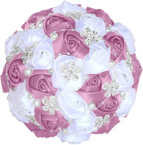 Miniatura 15 de Sharebeauty Ramo de novia de satén hecho a mano de 5.9 pulgadas, ramo de boda, ramo de flores artificiales, color azul claro + blanco W224