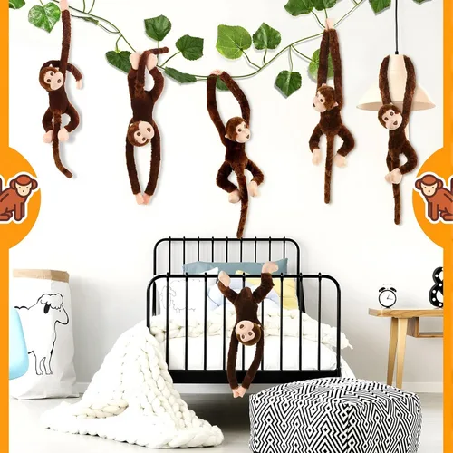 Miniatura 6 de Hungdao 6 paquetes de mono colgante de peluche de la selva con gancho y bucle, mono de peluche colgante para fiesta de la selva para VBS escuela