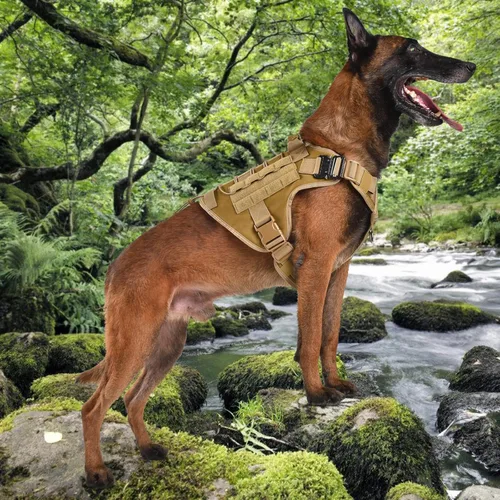 Miniatura 6 de Arnés táctico para perro, 2 hebillas de metal, arnés reflectante militar para perro con soporte oculto para Airtag y asa, chaleco ajustable