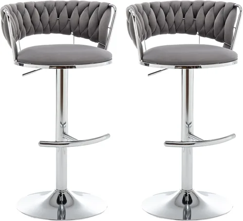 Miniatura 11 de Taburetes de bar dorados juego de 2, taburetes de bar de terciopelo giratorios con respaldo tejido, taburetes ajustables para isla de cocina, Beige