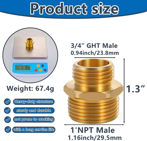 Miniatura 2 de Ceaeso Conector NPT macho de 1 pulgada a macho GHT de 3/4 pulgadas, adaptador de manguera de jardín de latón macizo, manguera de jardín de latón