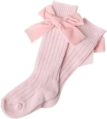 Miniatura 3 de Kayotuas Calcetines altos hasta la rodilla con lazos, calcetines de uniforme con volantes de tubo largo, calcetines de punto acanalado para bebés