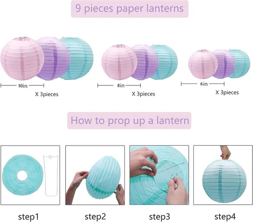 Miniatura 7 de Lámparas de papel para decoración de fiesta, lámparas colgantes redondas rosa, púrpura y azul para fiesta temática de sirena, cumpleaños de niñas