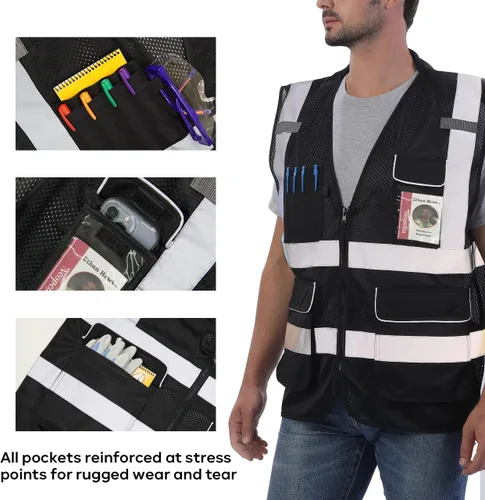 Miniatura 4 de Neopelta Chaleco de seguridad reflectante de malla negra, chaleco de alta visibilidad con bolsillos y cremallera, cuello acolchado, color negro, 2X