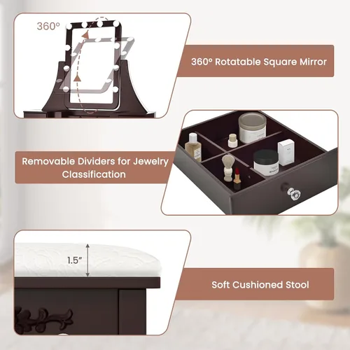 Miniatura 7 de CHARMAID - Mesa de tocador con espejo y luces, mesa de maquillaje con 5 cajones de almacenamiento, 3 modos de iluminación de color, brillo Espresso