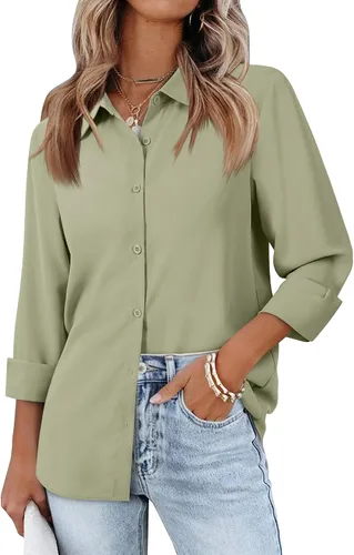 Miniatura 5 de siliteelon Camisas de manga larga con botones de gasa para mujer: blusas de trabajo con cuello para negocios, oficina, vestidos casuales