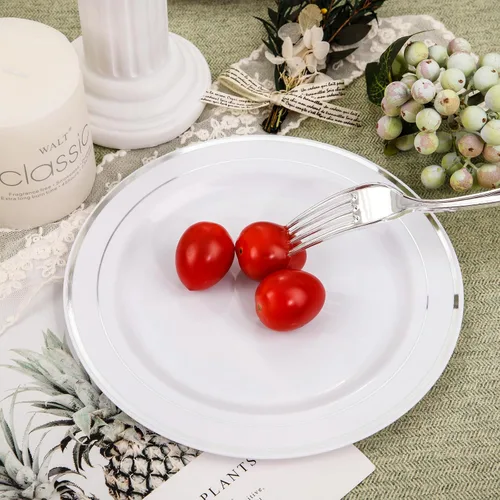 Miniatura 8 de Nervure 140 platos de plástico dorado festoneado y cubiertos de plástico dorado con mango blanco: 40 platos, 20 tazas, 20 tenedores, 20 cuchillos