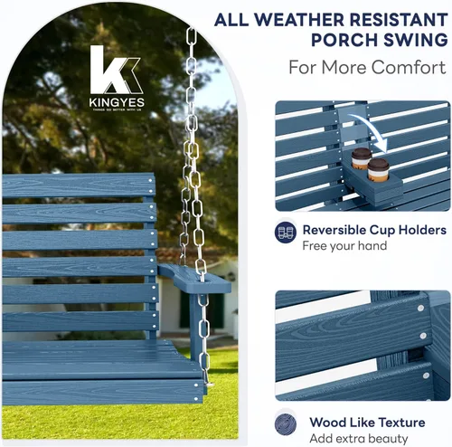 Miniatura 2 de KINGYES Columpio colgante para porche al aire libre, silla de columpio de patio de 2 asientos con portavasos, banco impermeable para patio y jardín