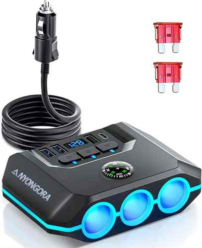 Anyongora Divisor de encendedor de cigarrillos 7 en 1, adaptador de cargador de coche de 120 W, 12 V/24 V, 3 enchufes e interruptores