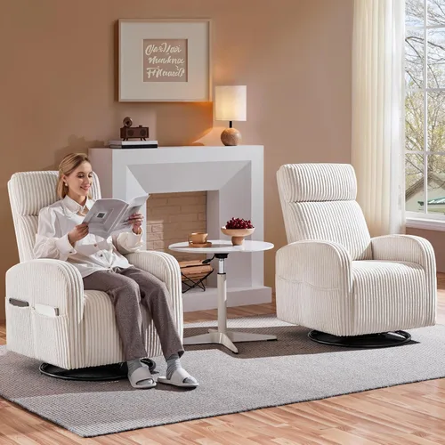 Miniatura 2 de Yaheetech Silla giratoria de 360° para guardería, mecedora de enfermería con bolsillos laterales, deslizador de pana para sala de estar con respaldo