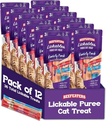 Beefeaters Paquete variado de golosinas puras para gatos de 1.59 onzas (paquete de 12) | Golosinas de tubo para apretar para lamer, sin granos, sin