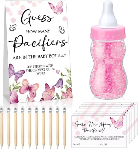 Miniatura 14 de Roowest 512 piezas de juegos de baby shower Adivina cuántos chupetes letrero, 100 pequeños juegos de adivinanzas, 10 lápices HB, botella de leche