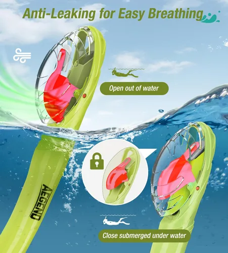 Miniatura 2 de Aegend - Esnórquel seco para buceo para adultos y jóvenes - Equipo de snorkel con válvula seca superior, perfecto para snorkel, buceo libre, Verde