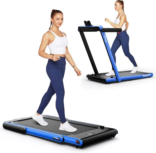 GYMAX Almohadilla para caminar, 2 en 1, instalación gratuita debajo del escritorio, con monitor LED, aplicación inteligente/control remoto y altavoz