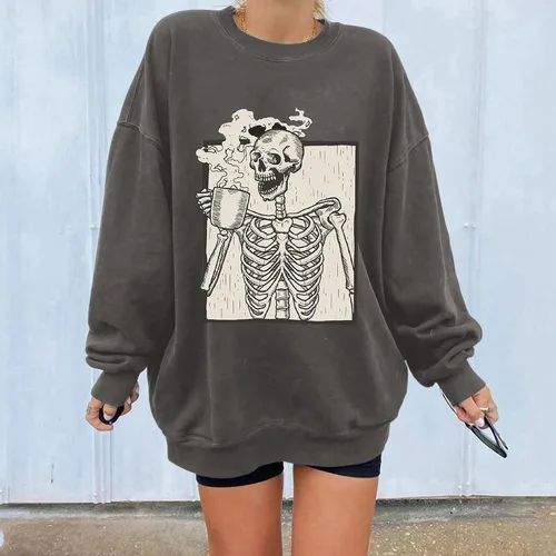 Miniatura 2 de Meladyan - Sudadera de forro polar con estampado de calavera de Halloween de gran tamaño, cuello redondo, manga larga, hombros caídos
