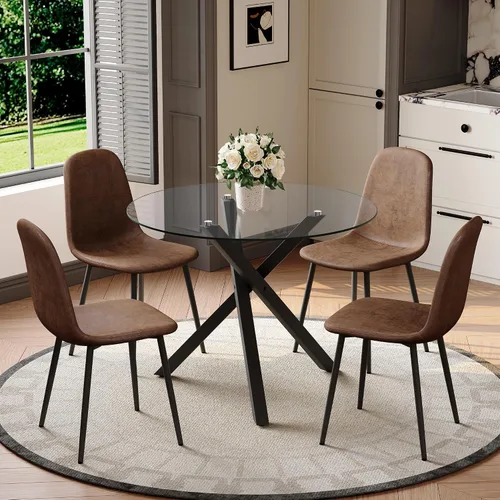 Miniatura 17 de Juego de mesa de comedor redonda para 6, juego de mesa de comedor de vidrio de 39 pulgadas con base de metal ajustable dorada en forma de X y 6