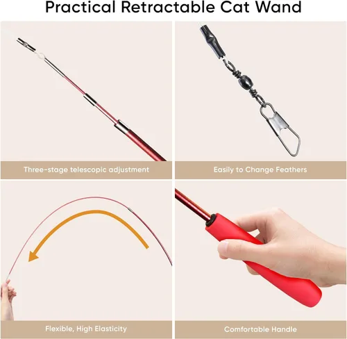 Miniatura 5 de Juguetes para Gatos de Interior, 11 Paquetes Juego de Varita Interactiva para Gatos con Juguetes de Plumas y Recambios de Cinta, Varita Retráctil
