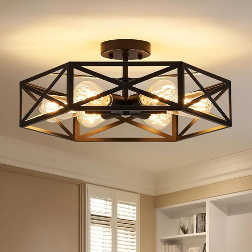 Miniatura 12 de Lámpara de Techo Moderna de Granja Negra y Dorada, Lámpara de Techo Industrial Semiempotrada, Accesorios de Iluminación Hexagonal para Pasillo