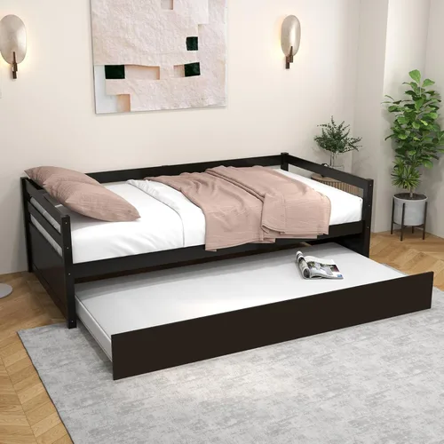 Miniatura 12 de KOMFOTT Cama individual con nido, marco de sofá cama de madera con nido, marco de sofá cama no necesita somier, cama nido tamaño individual