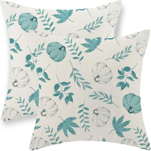 Miniatura 16 de Juego de 2 fundas de almohada de otoño de 16 x 16 pulgadas, diseño de calabaza y hoja de arce, fundas de almohada decorativas de lino para otoño