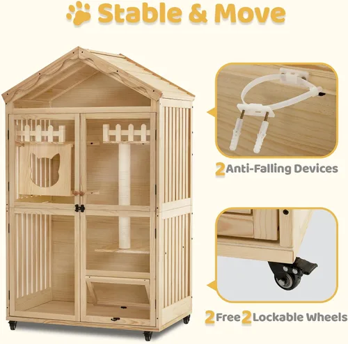 Miniatura 6 de MCombo Casa de madera para gatos de interior, condominio para gatos con entrada, jaula de gatito Catio con puertas y ruedas bloqueables, CT291