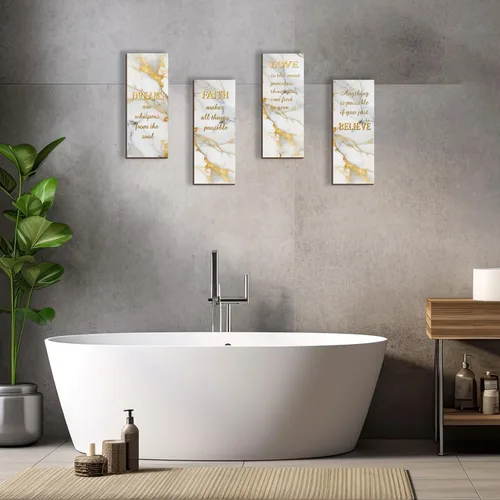 Miniatura 4 de ONIZHITY 4 piezas de decoración de baño blanco y dorado, decoración de pared dorada con Dreams Faith Love Believe, de madera, rústico, estilo Oro