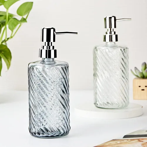 Miniatura 5 de Dispensador de jabón de vidrio de 16 onzas con bomba de agua de color plateado, diseño de diamante, dispensador de jabón de baño para jabón