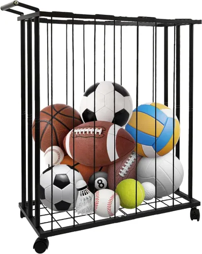 Gran estante de almacenamiento de pelotas de garaje con ruedas – Organizador de equipo deportivo rodante independiente – Portabalones para