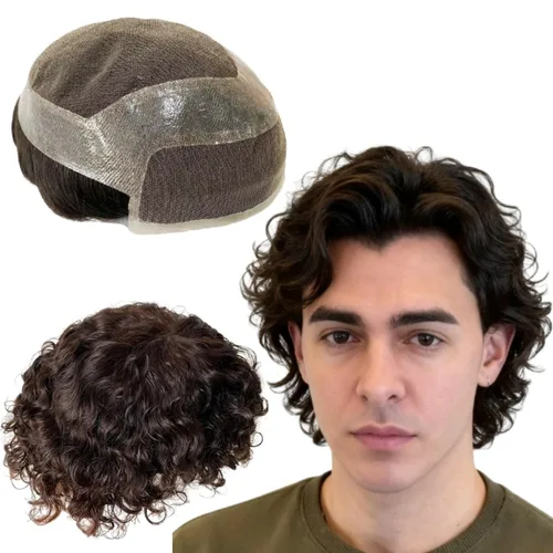 Miniatura 7 de Toupee - Pelucas de cabello humano para hombre, tupé europeo virgen, unidades de cabello humano ondulado, peluca para hombre, sistema de reemplazo
