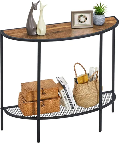 Miniatura 9 de SAYGOER Mesa de consola negra media luna de dos niveles, mesa estrecha para entrada con almacenamiento, mesa moderna para sofá, mesas pequeñas