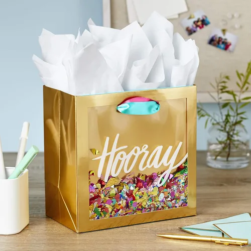 Miniatura 2 de Hallmark Signature - Bolsa de regalo de 7 pulgadas (tamaño mediano) con papel de seda (¡Hurray! Oro con confeti rosa, turquesa, púrpura)