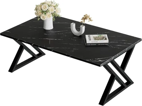 Wolawu - Mesa de café para sala de estar, mesa central negra, mesa de té rectangular moderna y simple de mármol falso con marco de metal acabado en
