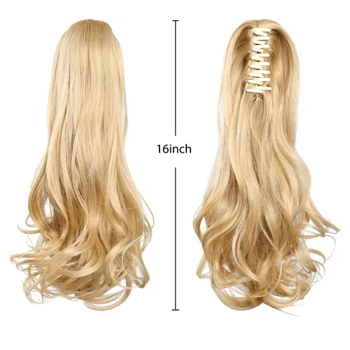 Miniatura 2 de Extensiones de pinza de cabello rubio, extensiones de cola de caballo para mujer, extensiones de cabello rizado de 16 pulgadas, extensiones