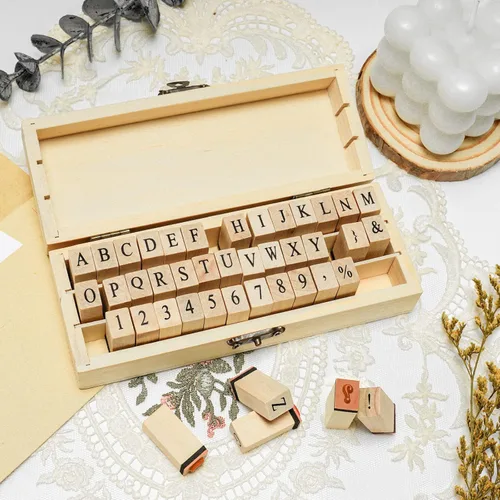 Miniatura 5 de Sellos de letras, juego de 42 piezas de alfabeto de goma con estuche de almacenamiento, números vintage y mini sellos de símbolos para manualidades