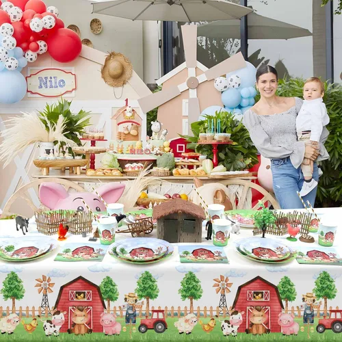 Miniatura 3 de Mantel rectangular de plástico de 3 piezas de 54 x 108 pulgadas, suministros de fiesta de cumpleaños de granero, decoración para baby shower, niños