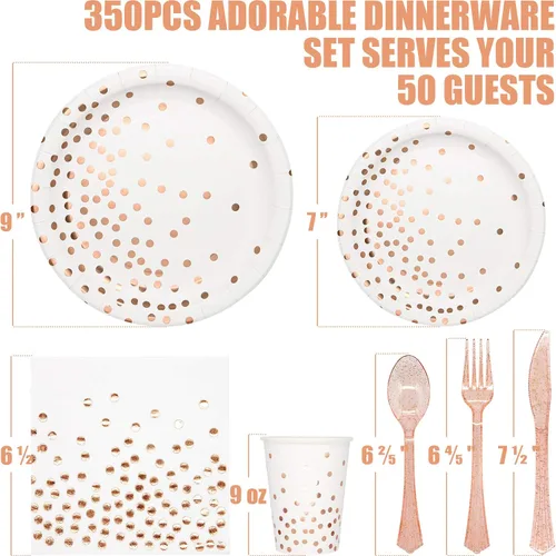 Miniatura 2 de Partylamb Suministros de fiesta de color blanco y oro rosa, juego de vajilla desechable de 350 piezas con platos, servilletas, tazas, tenedores, A1.