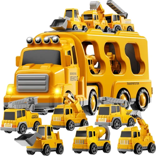 Miniatura 11 de Camiones de construcción de juguetes para niños de 2, 3, 4, 5 años, vehículo de transporte 5 en 1 para niños pequeños de 2 a 4 años con grúa