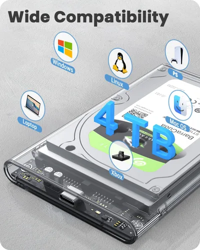 Miniatura 6 de POSUGEAR Caja externa para disco duro de 2.5 pulgadas, 6Gbps USB C 3.1 Gen 2 a SATA III sin herramientas, caja externa transparente para SSD HDD