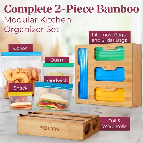 Miniatura 7 de Organizador de bolsas de almacenamiento de cocina de bambú, organizador de cajones con dispensador de aluminio, organizador de bambú para bolsas