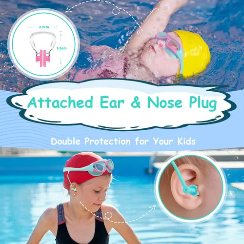 Miniatura 6 de Vvinca Gafas de natación para niños de 3 a 12 años, diseño mejorado 2024 con tapón para la oreja y la nariz, visión amplia, antivaho sin fugas